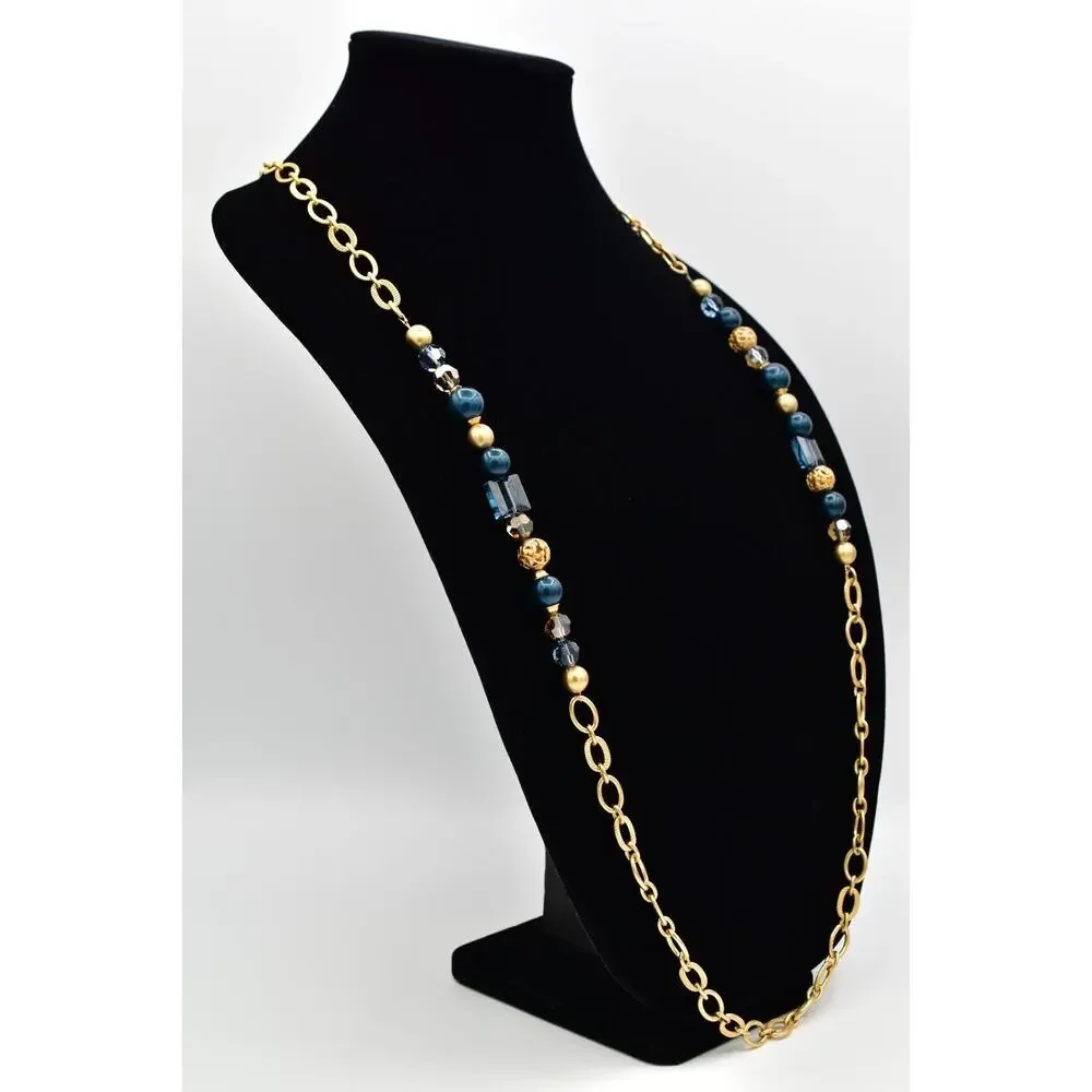 Brighton Chunky Station Necklace Brushed Gold Blue Crystal Contempo Belt BinBJ